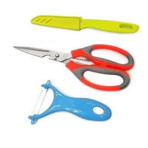 Set Tijera Cocina Y Pelapapa Ceramica Y Cuchillo Acero Inox