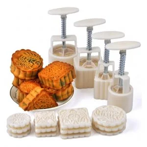 Molde Prensa Moon Cake Y 4 Placas Pastel Luna 50g Por Un Kit