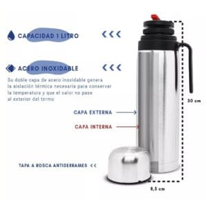 TERMO ACERO INOXIDABLE CON PICO CON MANIJA 1000ML - vista 4