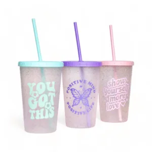 Vaso Con Glitter Tapa Y Sorbete