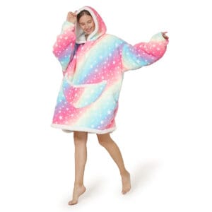 Pijama De Mujer Buzo Con Capucha Manta Corderito Oversize Estrella Arcoiris Rosa - vista 4