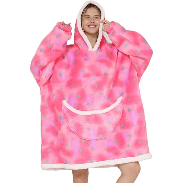 Pijama De Mujer Buzo Con Capucha Manta Corderito Oversize Rosa Estrellas