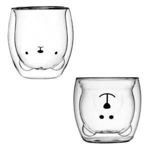 Taza Jarro Vaso De Oso de Vidrio con Aislamiento De Doble Pared Cafe Te Chocolate Leche x Unidad