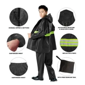 Conjunto impermeable para moto – Piloto con capucha, reflectantes y bolso de guardado