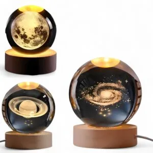 Lámpara De Cristal 3D Con Base De Madera – Diseño Galaxia, Luna y Saturno
