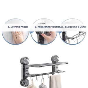 Toallero Plegable con Ventosa de Succión - Estante de Baño Multifunción con Ganchos BL702J10 - Imagen 3