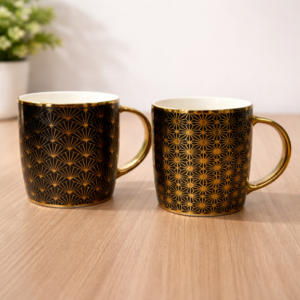 Taza Art Deco Negra y Dorada, Cerámica, Diseño Elegante para Café o Té