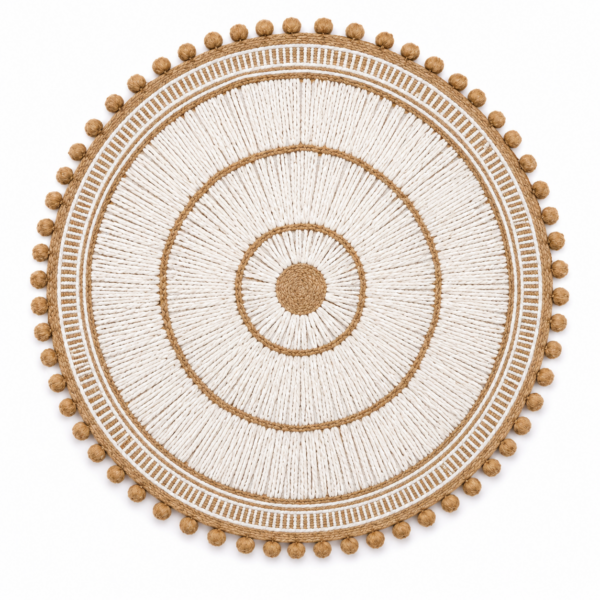 Individual Redondo Tejido en Algodón con Bolitas, Ideal para Decoración de Mesa