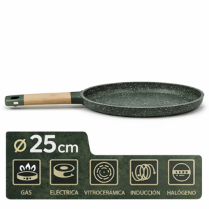 Bifera Antiadherente 25cm Verde con Mango de Madera - Compatible con Todas las Cocinas