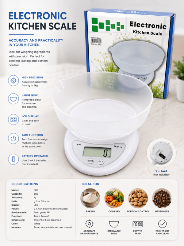 Balanza de Cocina Digital con Bowl 5kg - Precisión Alta y Pantalla LCD