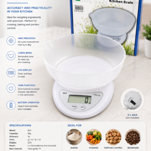 Balanza de Cocina Digital con Bowl 5kg - Precisión Alta y Pantalla LCD