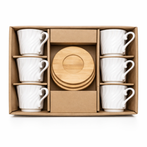 Set de Tazas de Cerámica x6 con Plato de Madera - Ideal para Café o Té