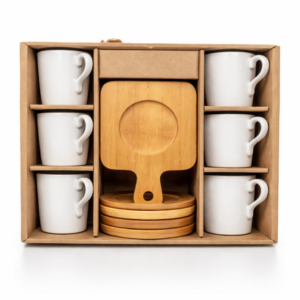 Set de 6 Tazas de Cerámica Blancas con Plato de Madera para Café o Té