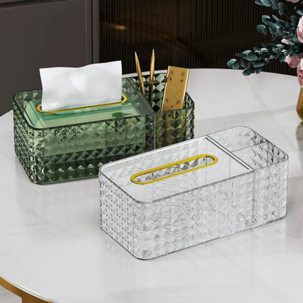 b25de9491275423b8b6edea7d990c666.jpeg Caja dispensadora de pañuelos de cristal transparente y verde, diseño moderno para hogar