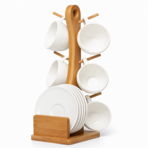 Set de 6 Tazas de Cerámica con Plato y Soporte de Madera para Café