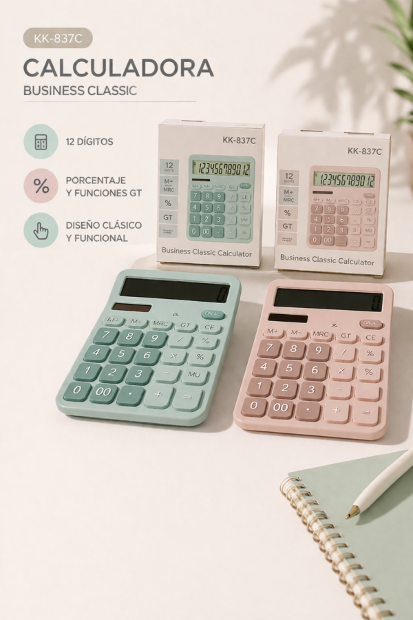Calculadora KK-837C 12 Dígitos Color Pastel con Funciones GT y Diseño Clásico