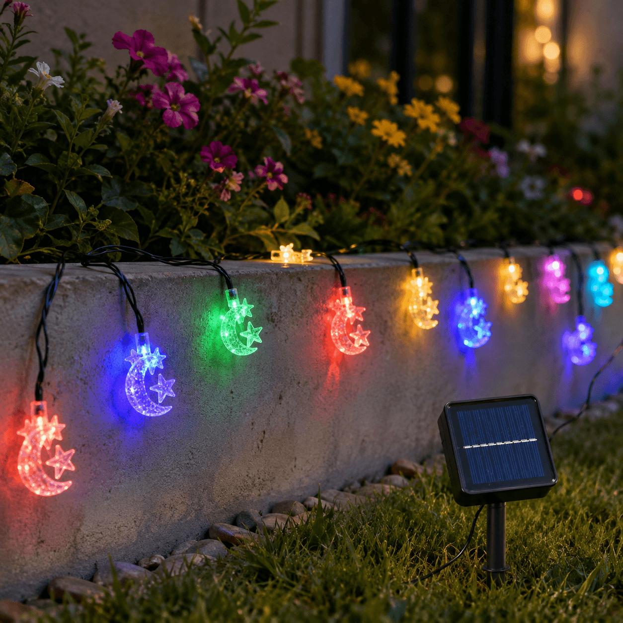 Guirnalda Solar Luna y Estrellas 20 LED Multicolor | Decoración Exterior Ecológica