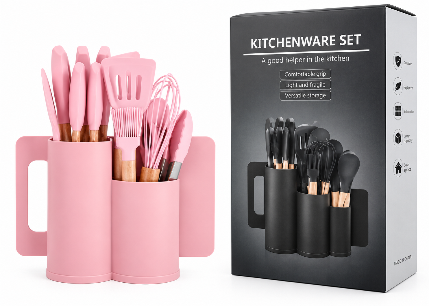 KIT UTENSILIO DE COCINA x19pcs negro rosa verde gris