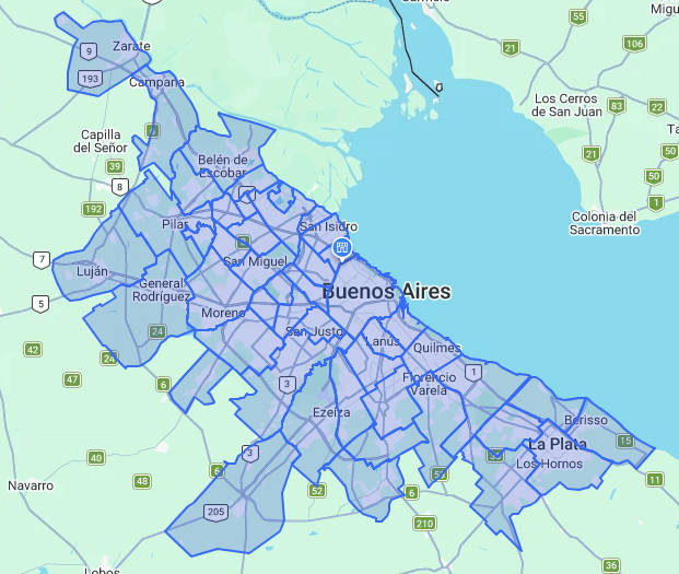 Mapa de las zonas de entrega rápida Express en CABA y AMBA