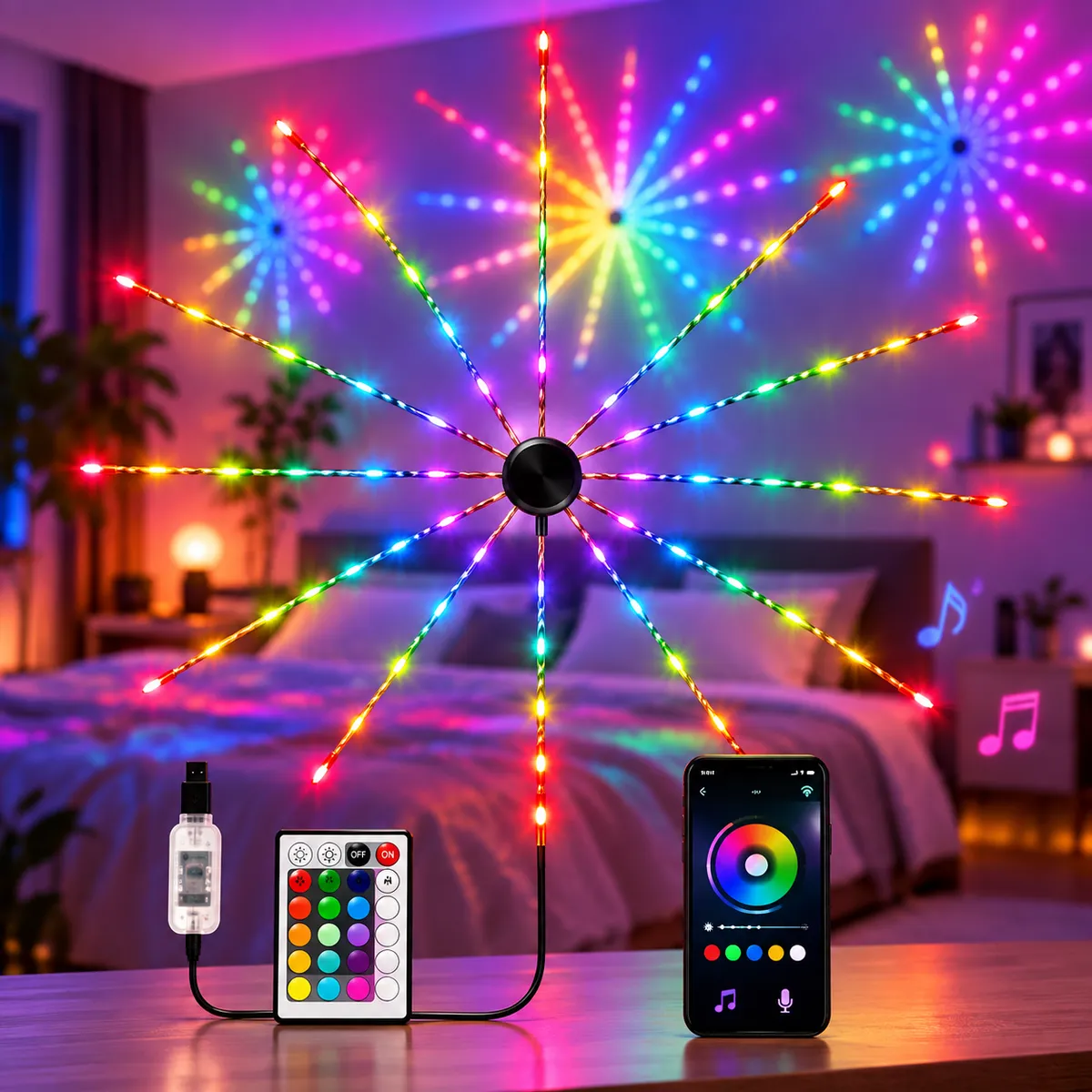 TIRA LED RGB FUEGO ARTIFICIAL BLUETOOTH AUDIORITMICA CON CONTROL REMOTO